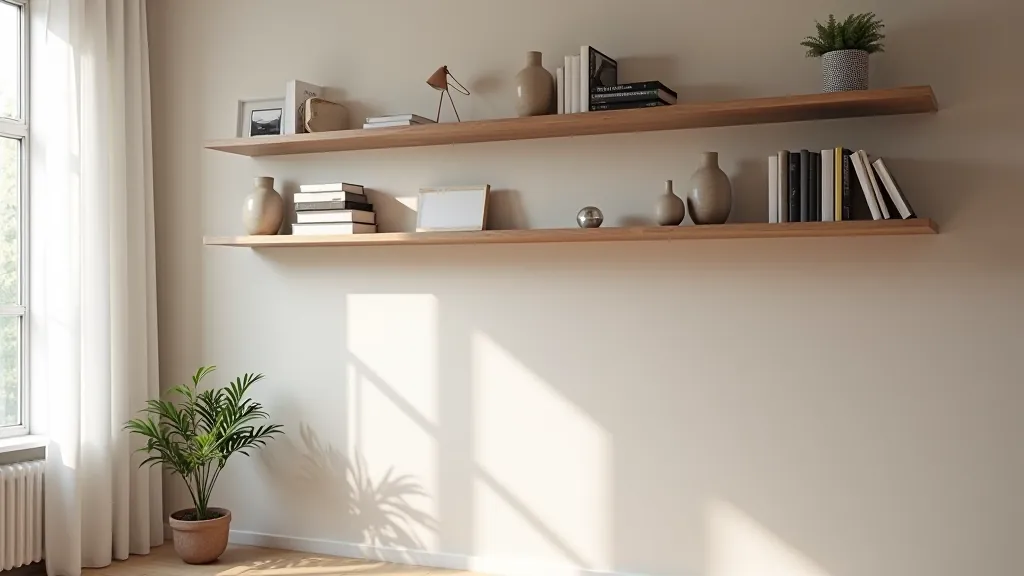 Vertical wall of stacked open shelving in small apartment bedroom with books and decorative objects