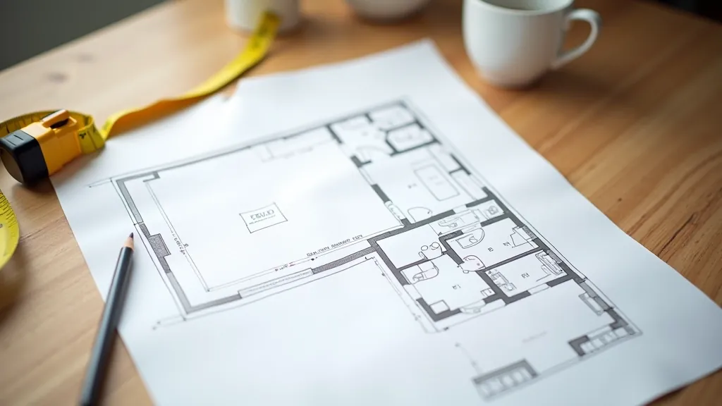 Overhead view of measuring tape on floor plan sketch showing modular storage dimensions and spacing calculations