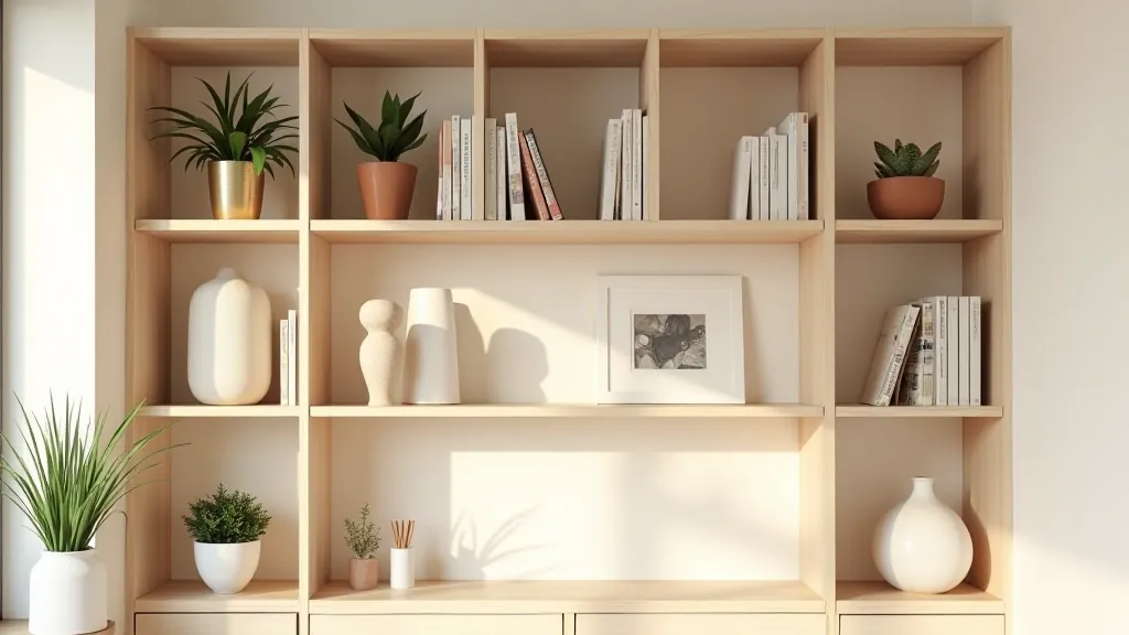 Styled modular shelving display with books, plants, and decorative objects arranged following interior design principles