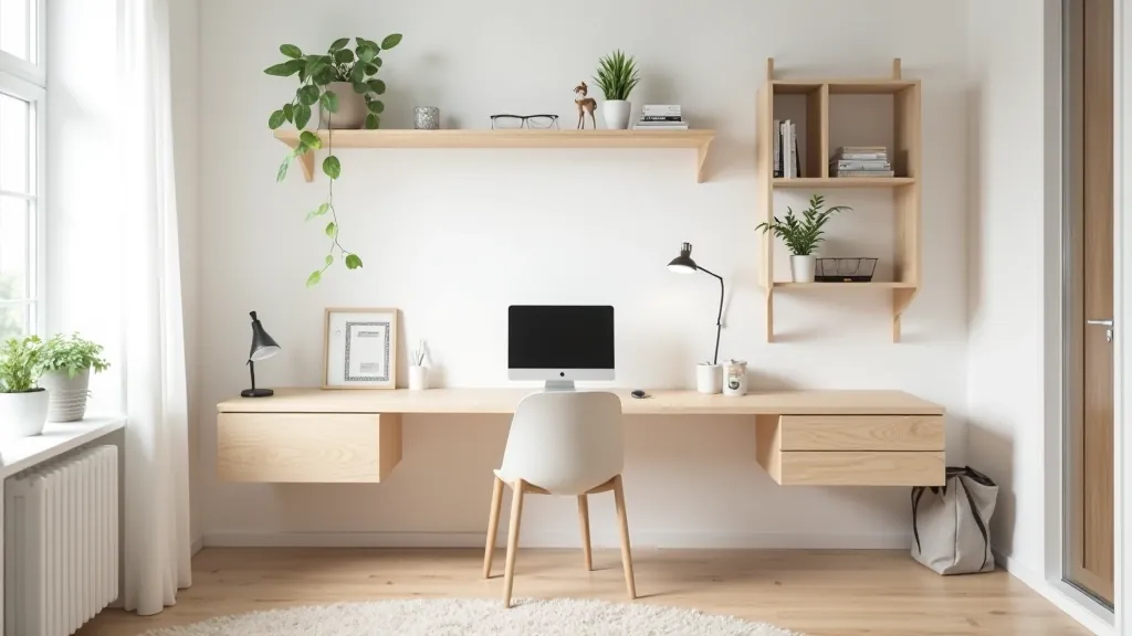 Home office with integrated wall storage and desk