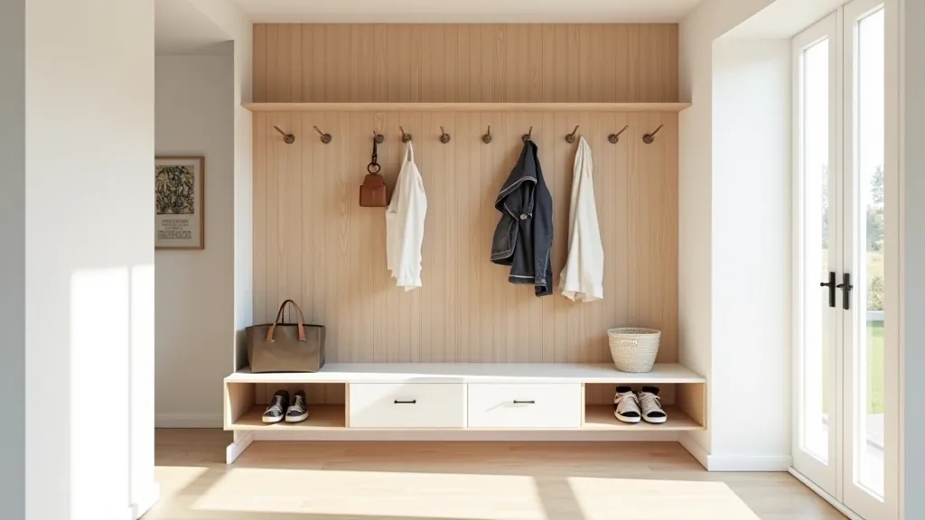 Entryway storage solution with hooks and cubbies