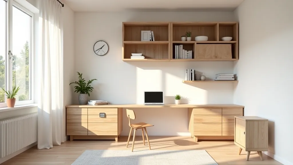 Finished wall-mounted workspace in a Jūrmala coastal home showing complete integration of desk, storage, and decorative elements with natural light from windows