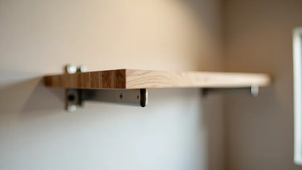 Close-up of wall-mounted shelf installation showing metal brackets and wooden shelf assembly