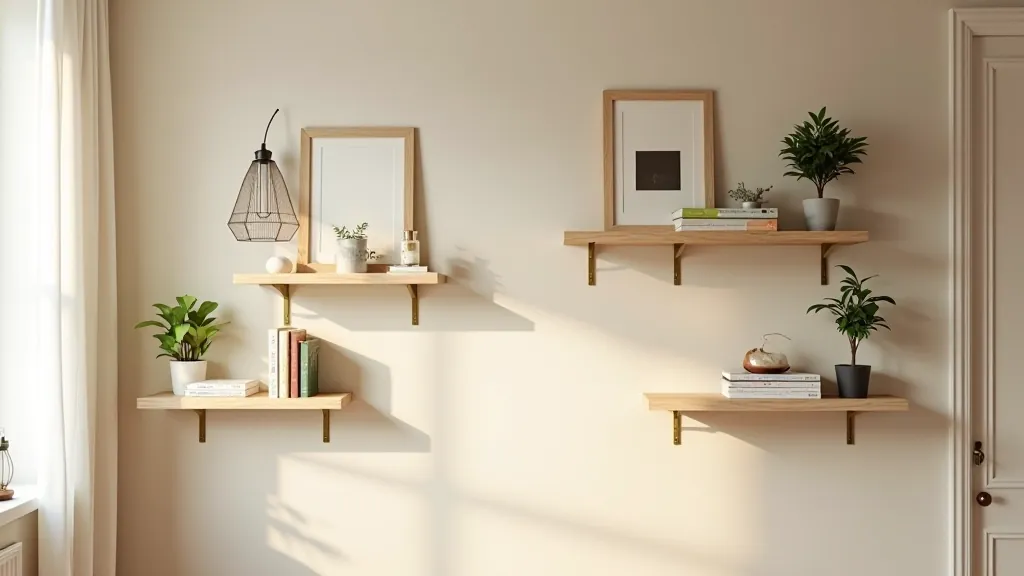 Styled floating shelf display showing books, decorative objects, and framed items arranged with balance and visual hierarchy