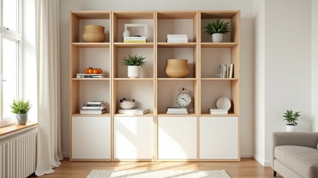 Modern living room corner with modular storage cubes in natural wood and white finishes, clean minimalist aesthetic
