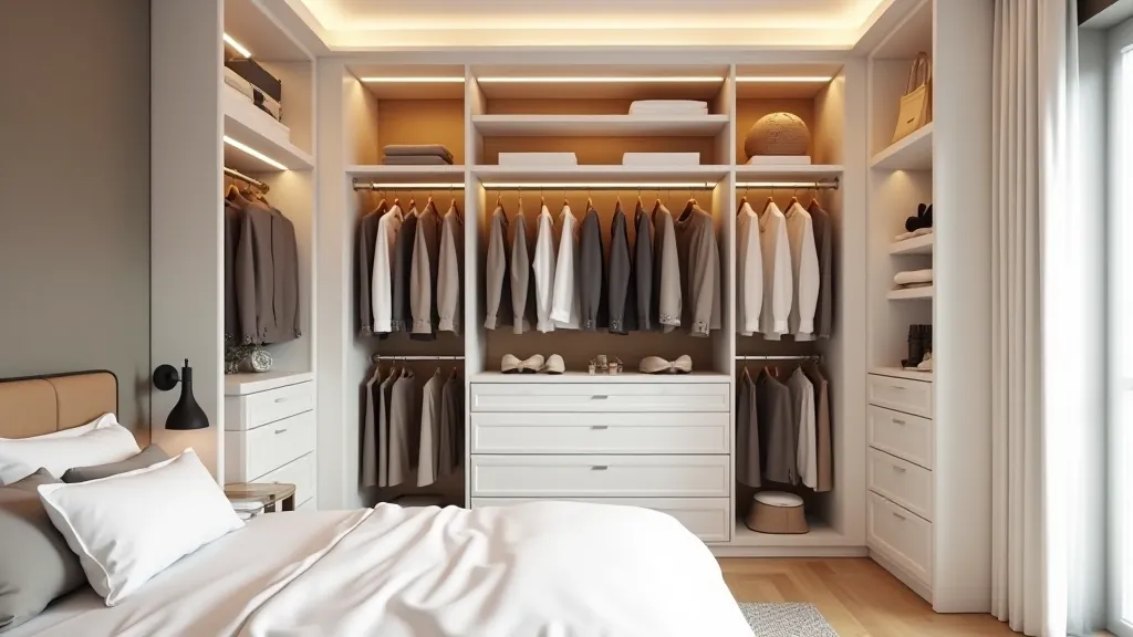 Custom closet interior with shelving and rods