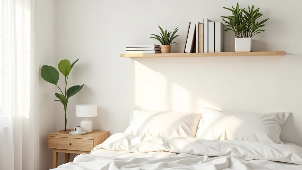Modern bedroom featuring floating shelves with organized storage and bedroom decor