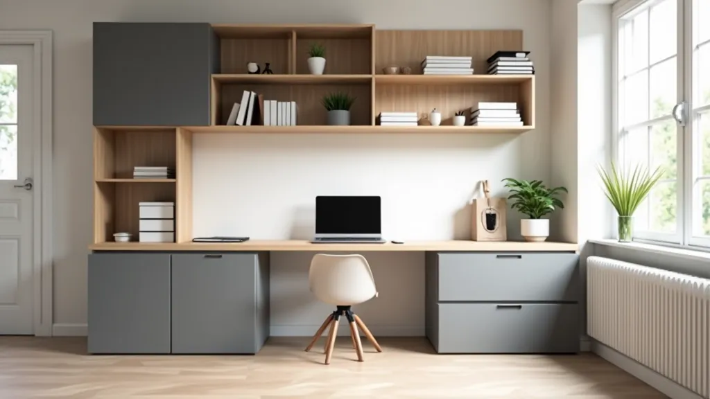 Modern home office with integrated wall-mounted storage and workspace design