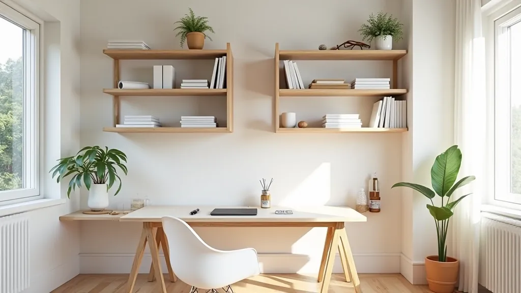 Wall-mounted workspace featuring open shelving above desk with neatly organized office supplies, stationery, and storage boxes in coordinating colors