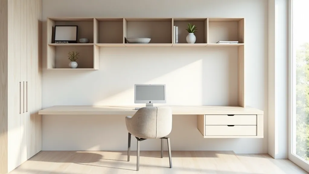Home office with wall-mounted desk and integrated shelving storage above and beside