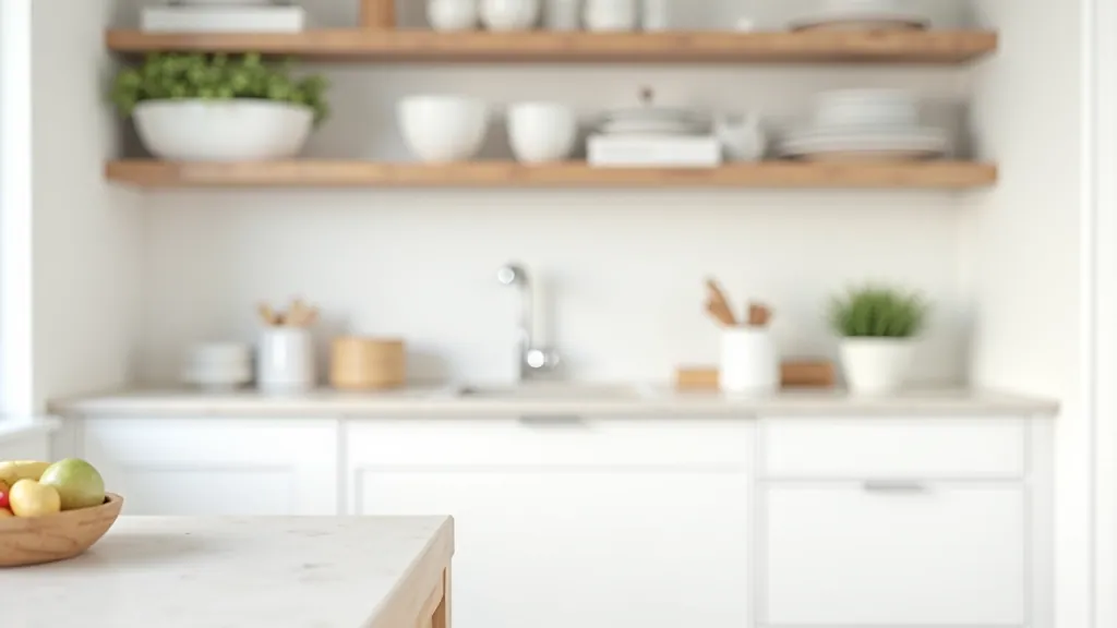 Modern kitchen showcasing open wall shelving with dishes and kitchen items organized aesthetically