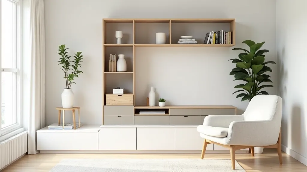 Living room with asymmetrical modular storage wall arrangement showing mixed heights and open-closed combinations