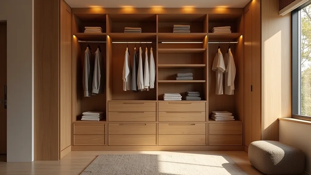 Well-organized bedroom closet with tiered shelving, hanging rods, and soft lighting