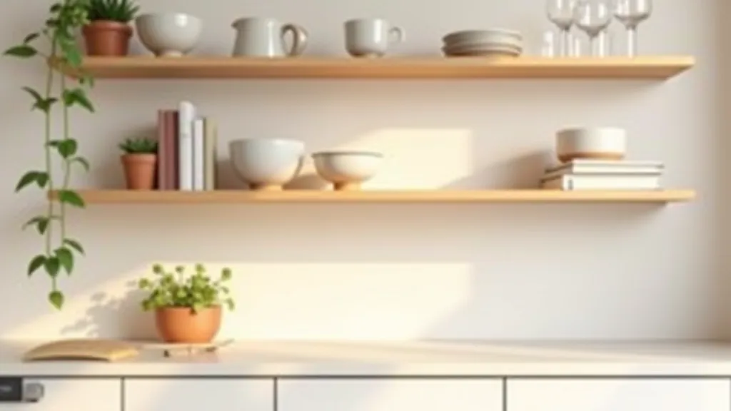 Styled open shelving showing balanced arrangement with dishware, books, and decorative items