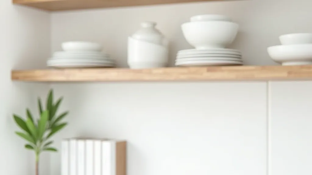 Organized open kitchen shelving with white dishes, cookbooks, and green plant creating visual balance