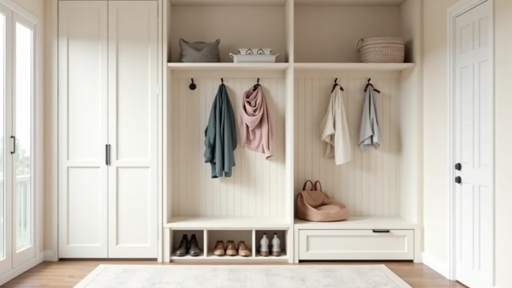Organized coastal home entryway with storage cubbies and hooks for outdoor gear