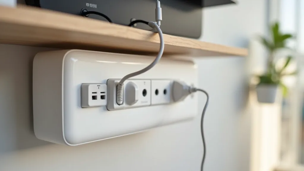 Detailed view of wall-mounted desk workspace showing cable management systems, power strips integrated into shelving, and organized cord routing