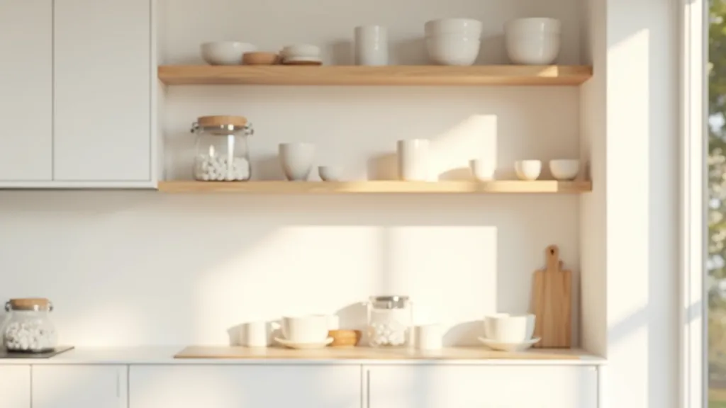 Small kitchen corner with open shelving showing carefully curated dishware and glass containers